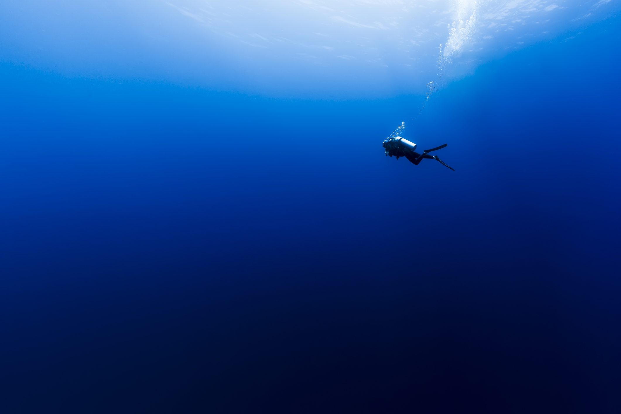 A diver silhouetted against the deep blue ocean