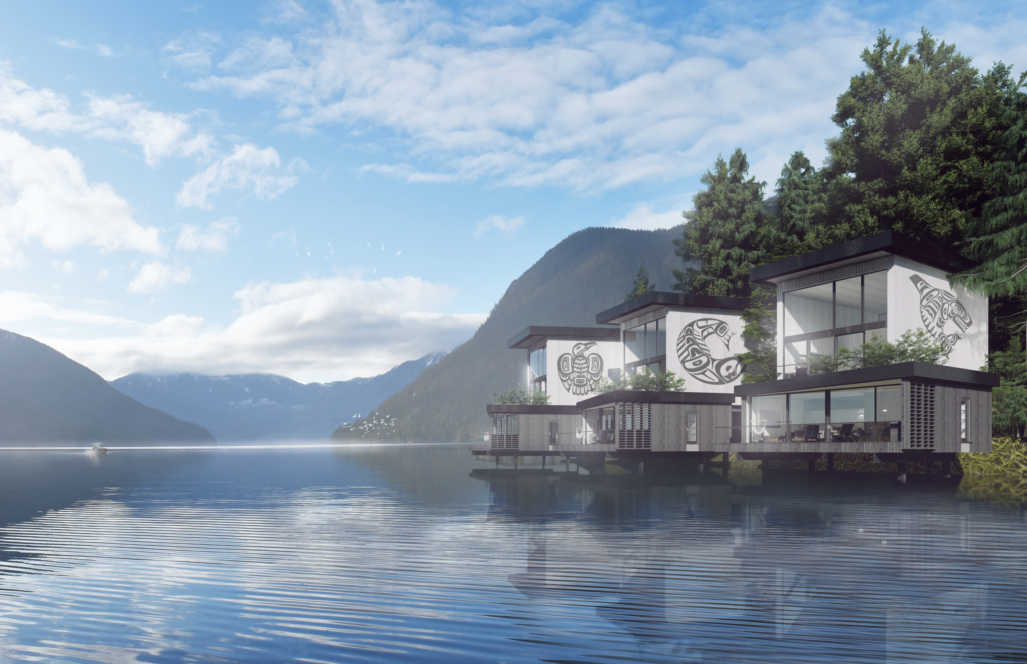 Nawalakw floating cultural centre on still water, mountains behind