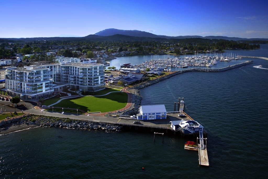 Waterfront destination at dusk